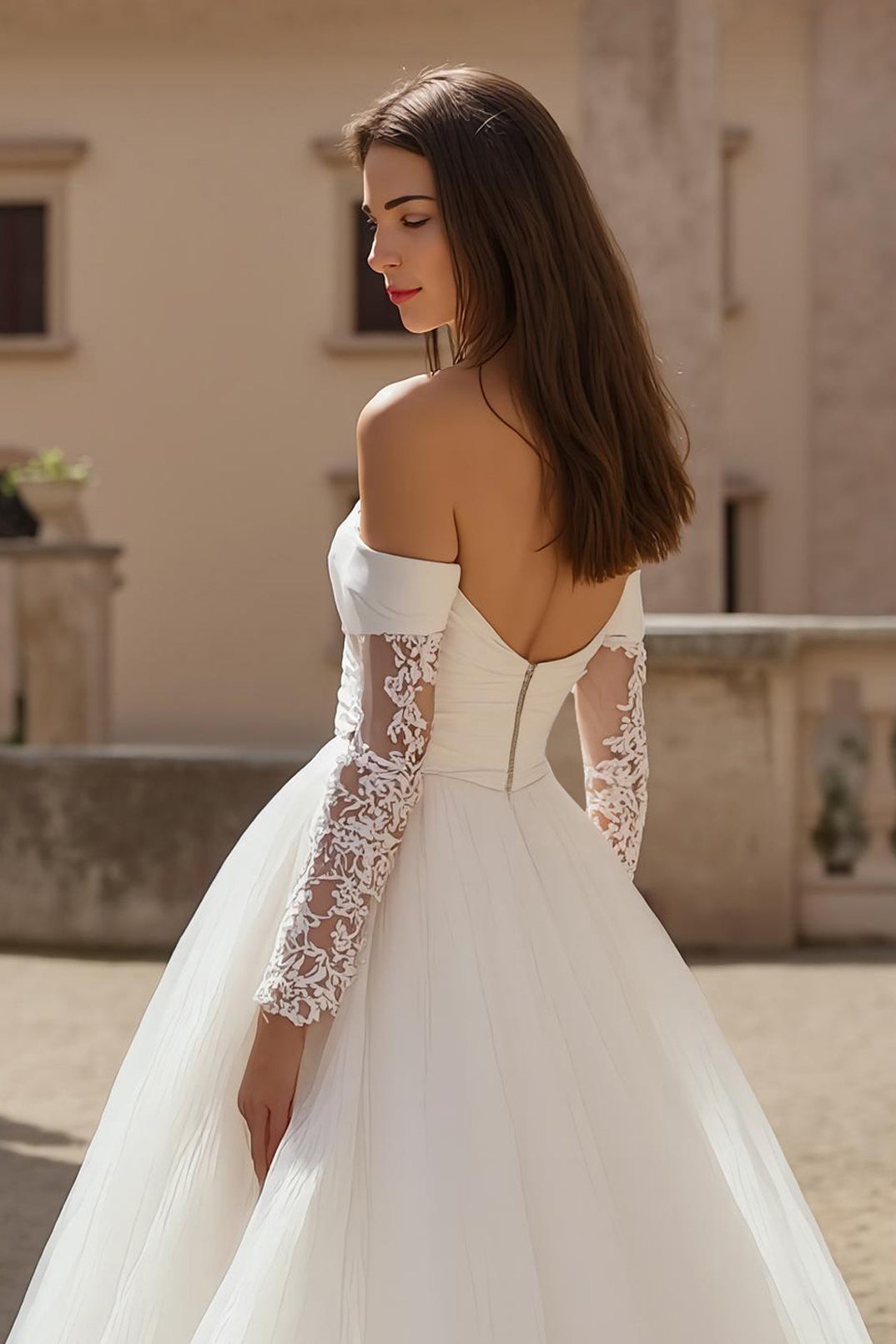 Ivory A Line Off The Shoulder Tulle Court Train Wedding Dress With Lace