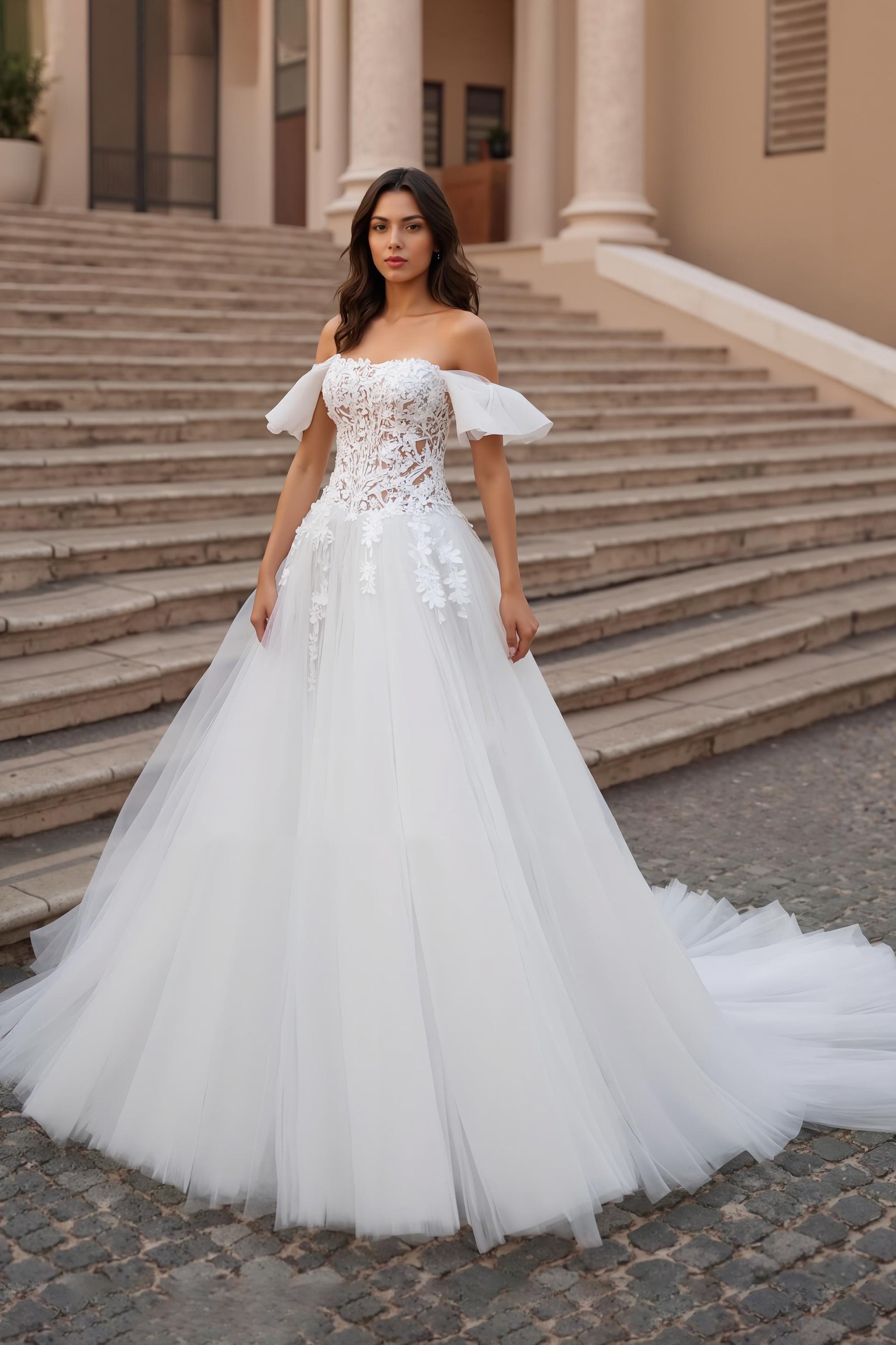 Off The Shoulder Ivory Tulle A Line Appliqued Long Wedding Dress