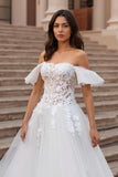 Off The Shoulder Ivory Tulle A Line Appliqued Long Wedding Dress