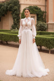 High Neck A Line Tulle Ivory Lace Wedding Dress With Puff Sleeves