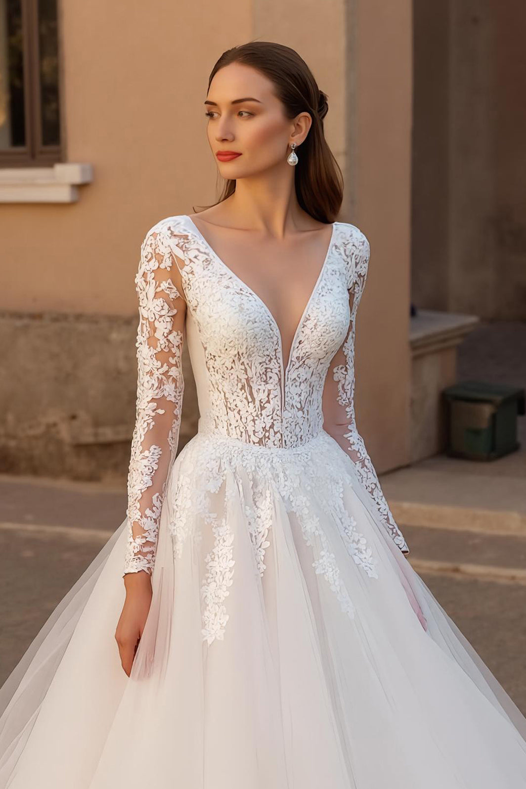 V Neck Lace Ivory Tulle A Line Long Wedding Dress With Long Sleeves