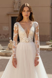 Ivory Tulle A Line V Neck Lace Long Wedding Dress With Long Sleeves