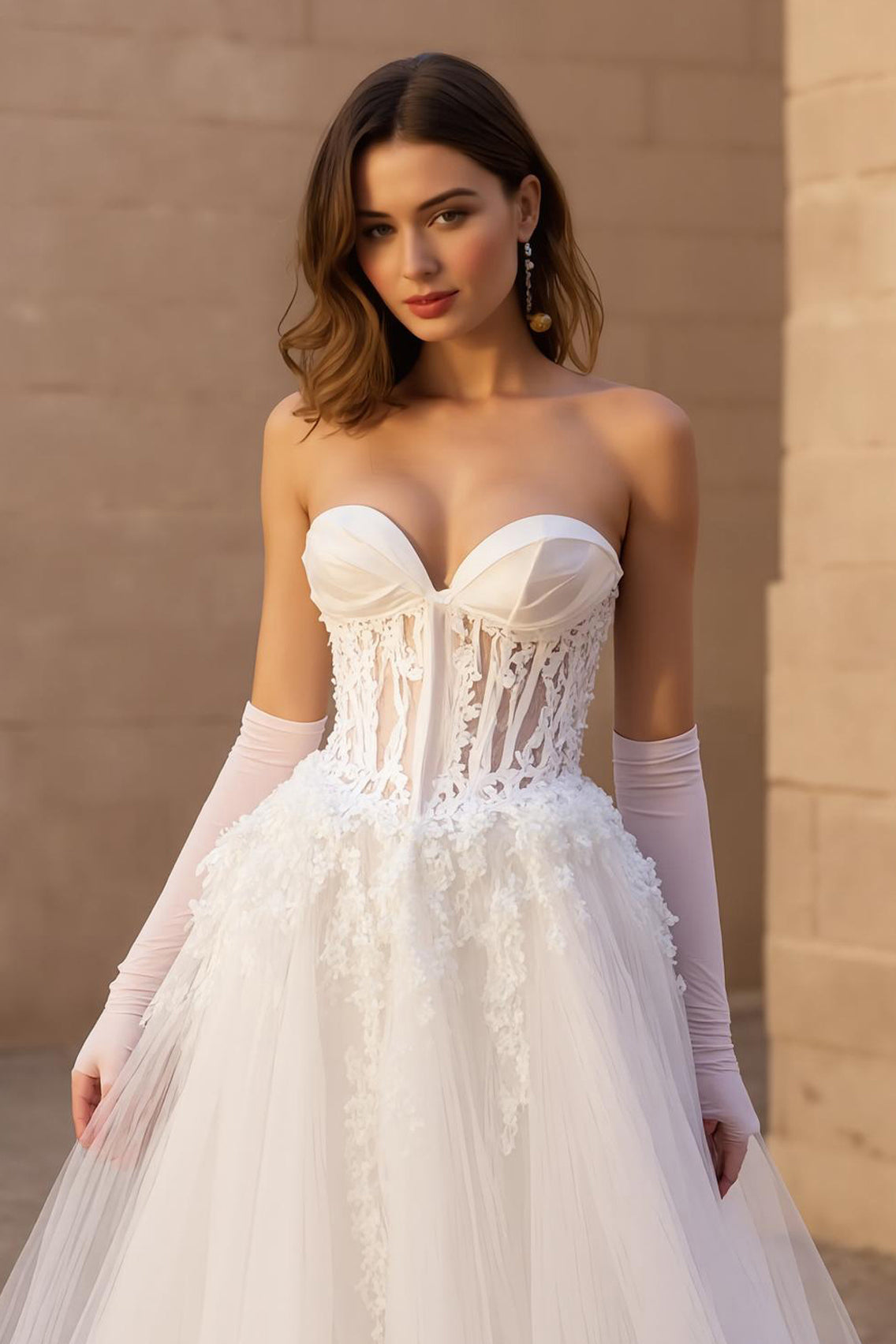 Strapless A Line Ivory Tulle Corset Long Wedding Dress