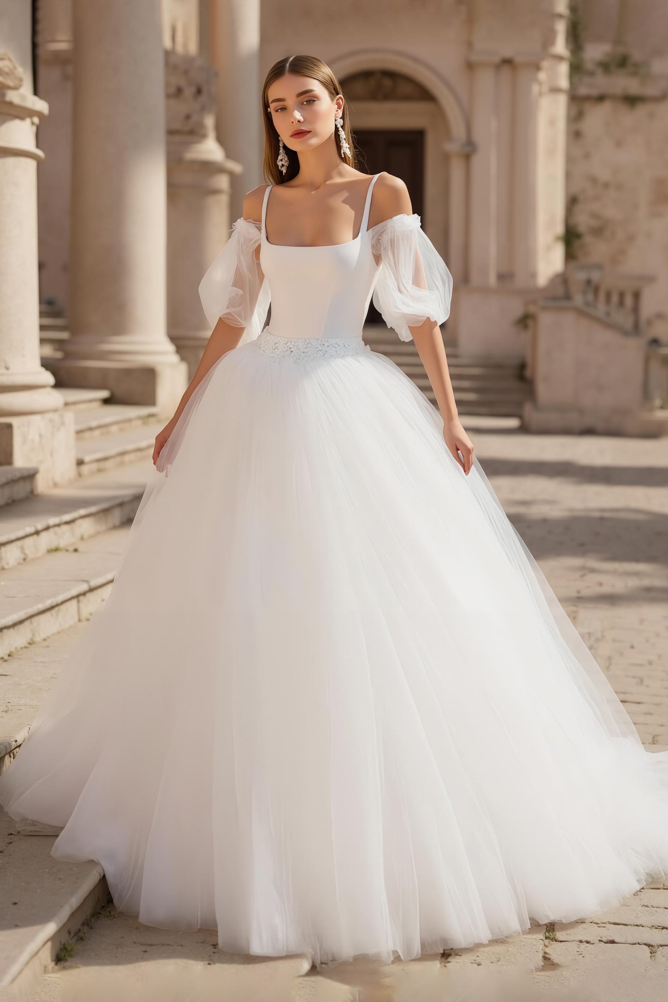 Square Neck Cold Shoulder A Line Tulle Wedding Dress