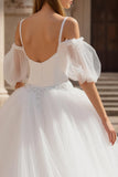 Square Neck Cold Shoulder A Line Tulle Wedding Dress