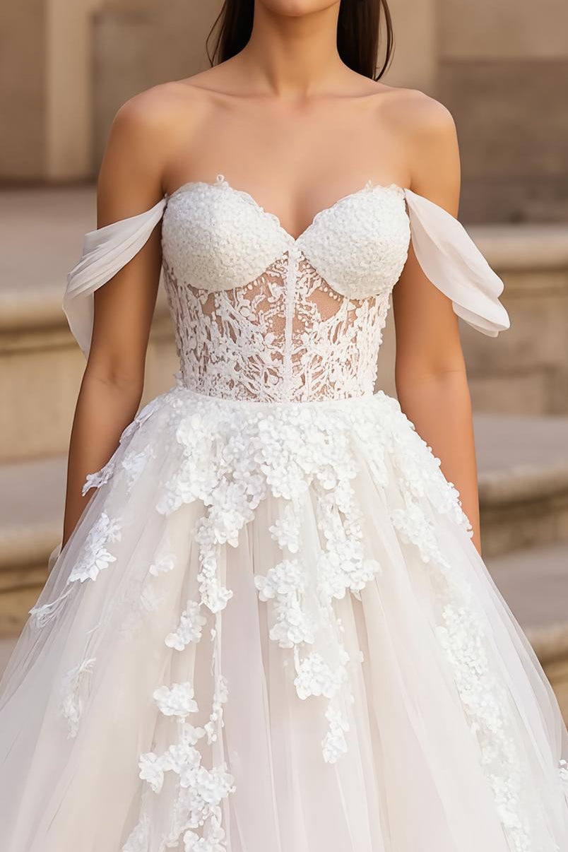 Lace Off the Shoulder Corset Appliques A Line Wedding Dress