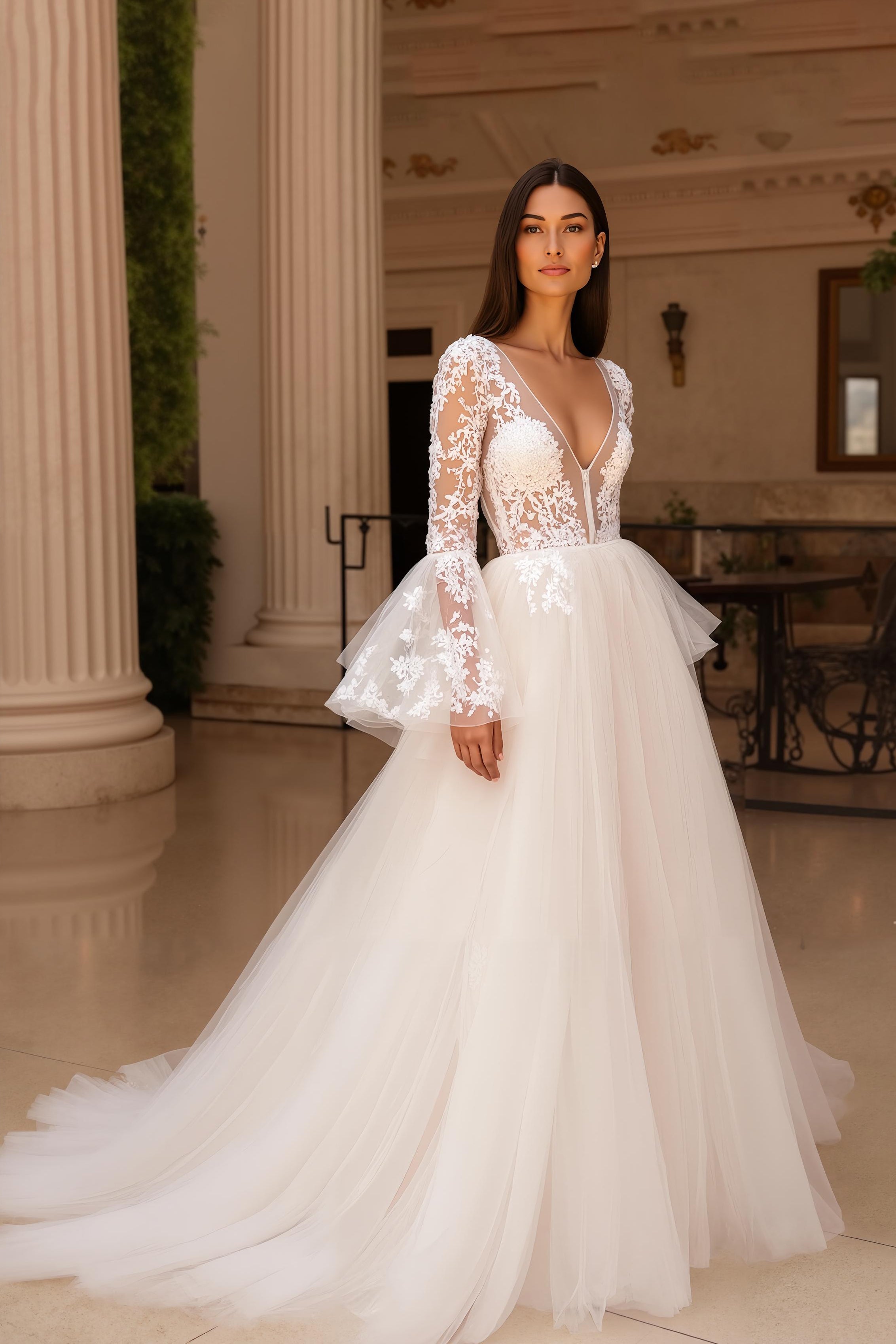 Ivory Tulle A Line V Neck Lace Wedding Dress With Flare Sleeves