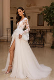 Ivory Tulle A Line V Neck Lace Wedding Dress With Flare Sleeves