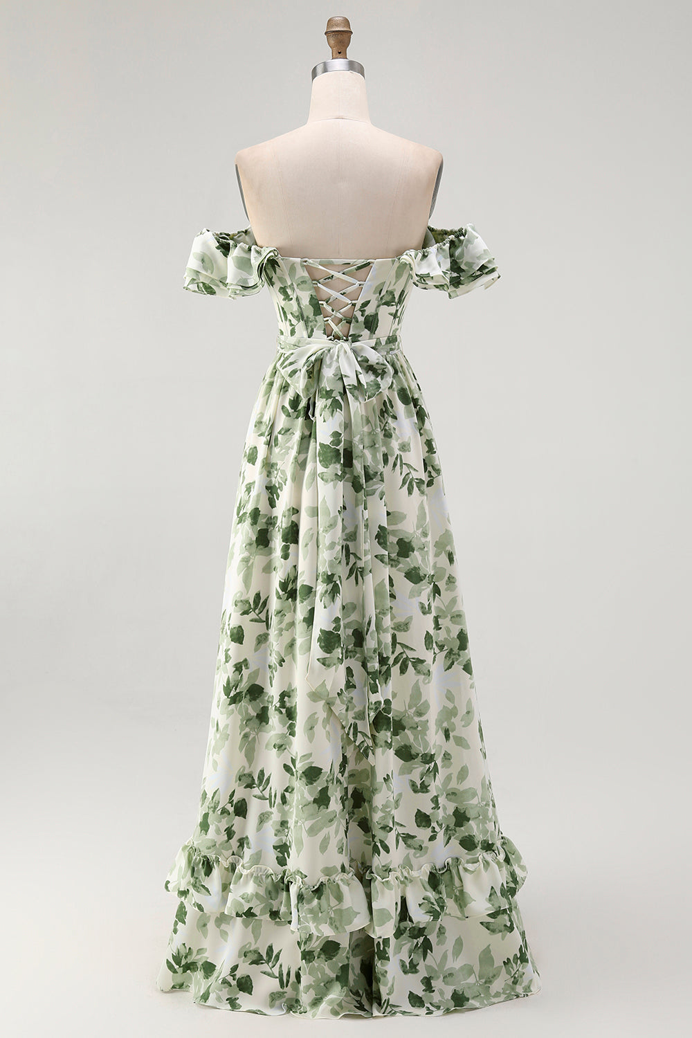 Green Floral A Line Off The Shoulder Ruffled Bridesmaid Dress