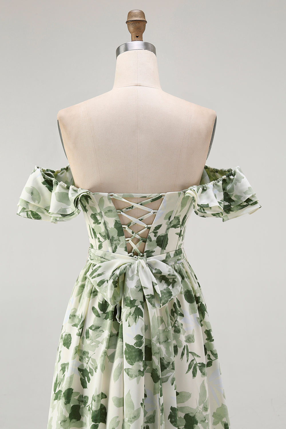 Green Floral A Line Off The Shoulder Ruffled Bridesmaid Dress