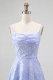 Blue A Line Cowl Neck Floral Jacquard Long Bridesmaid Dress with Slit
