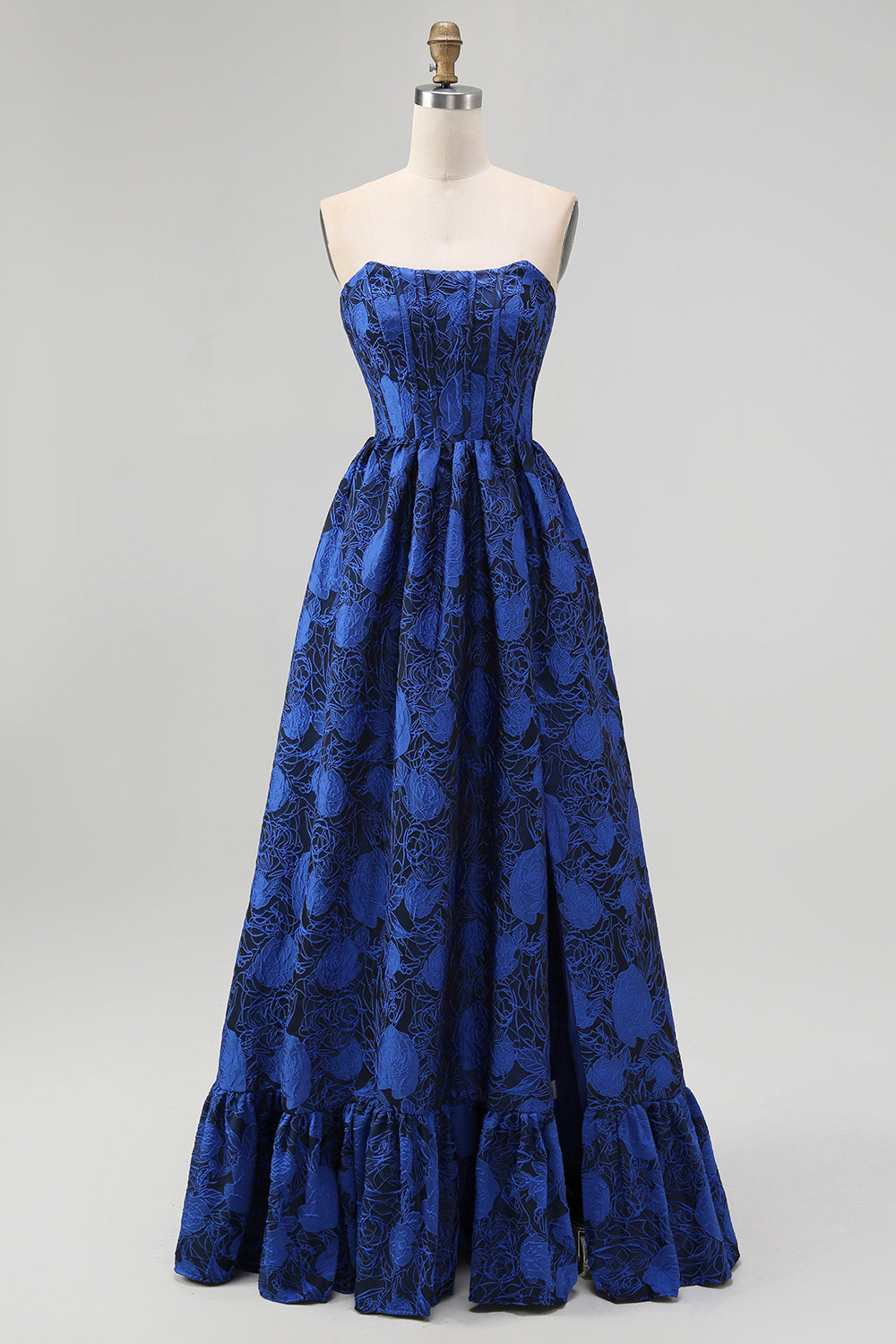 Dark Blue A Line Strapless Floral Jacquard Corset Maxi Dress