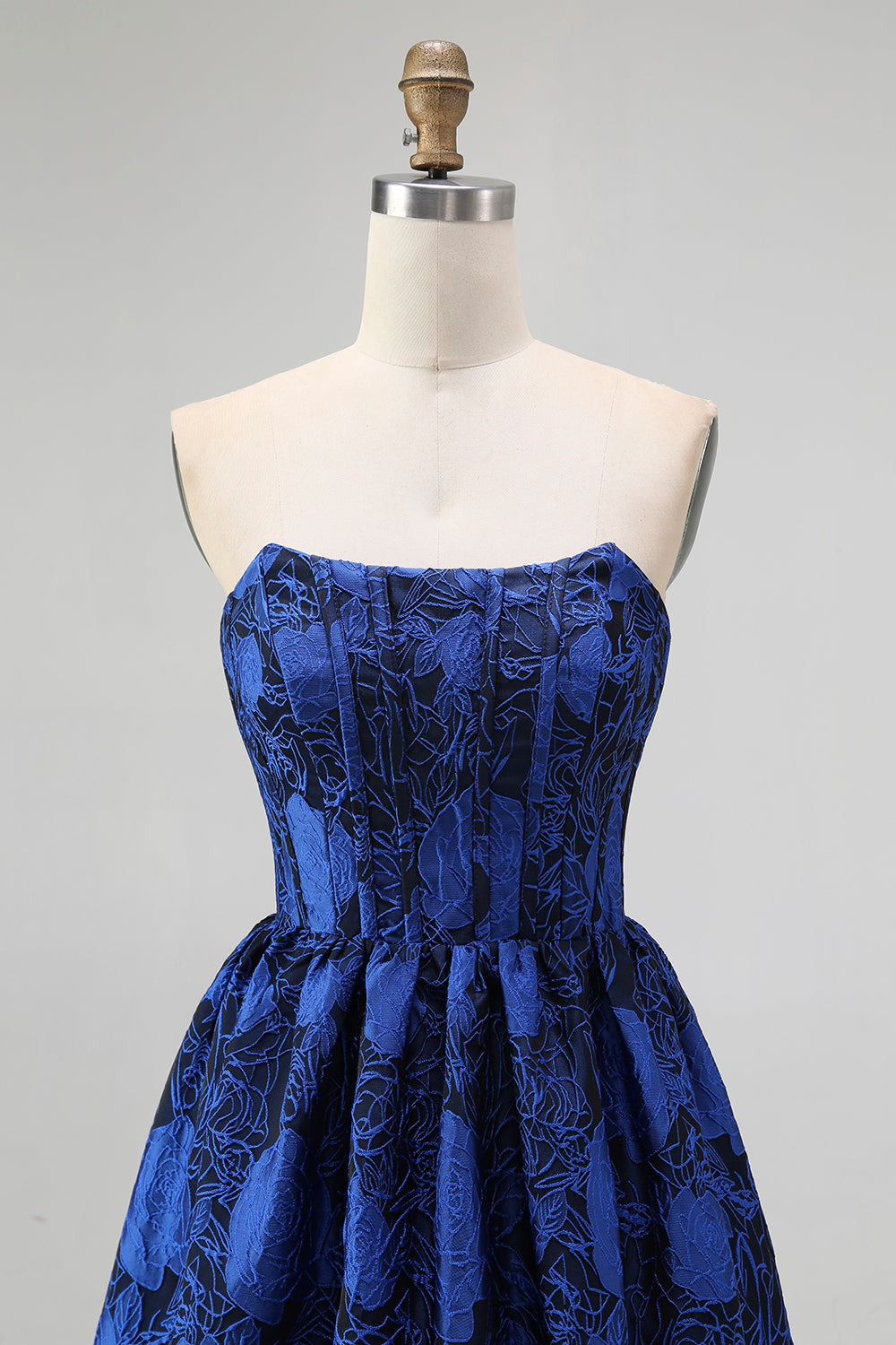 Dark Blue A Line Strapless Floral Jacquard Corset Maxi Dress