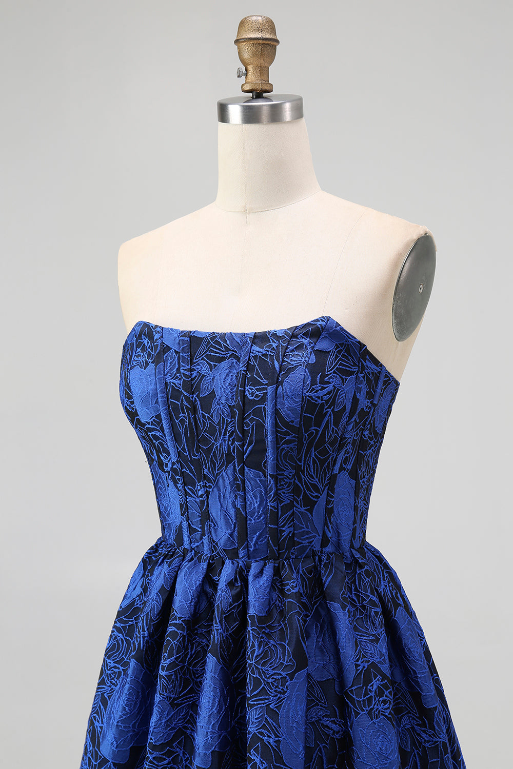 Dark Blue A Line Strapless Floral Jacquard Corset Maxi Dress