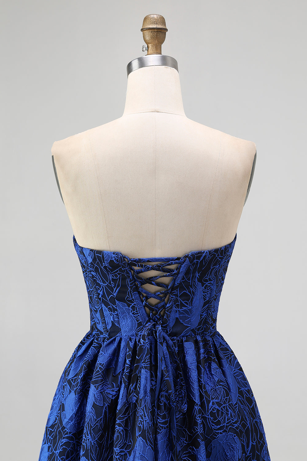 Dark Blue A Line Strapless Floral Jacquard Corset Maxi Dress