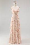 Champagne A Line Cowl Neck Floral Burnout Long Bridesmaid Dress