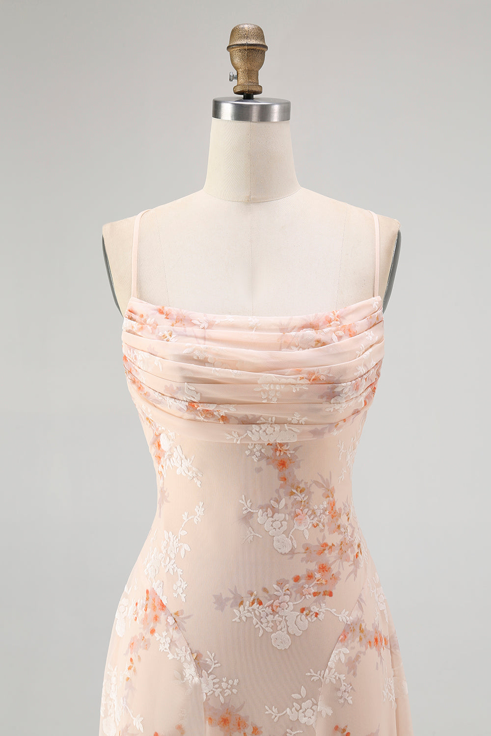 Champagne A Line Cowl Neck Floral Burnout Long Bridesmaid Dress