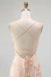 Champagne A Line Cowl Neck Floral Burnout Long Bridesmaid Dress
