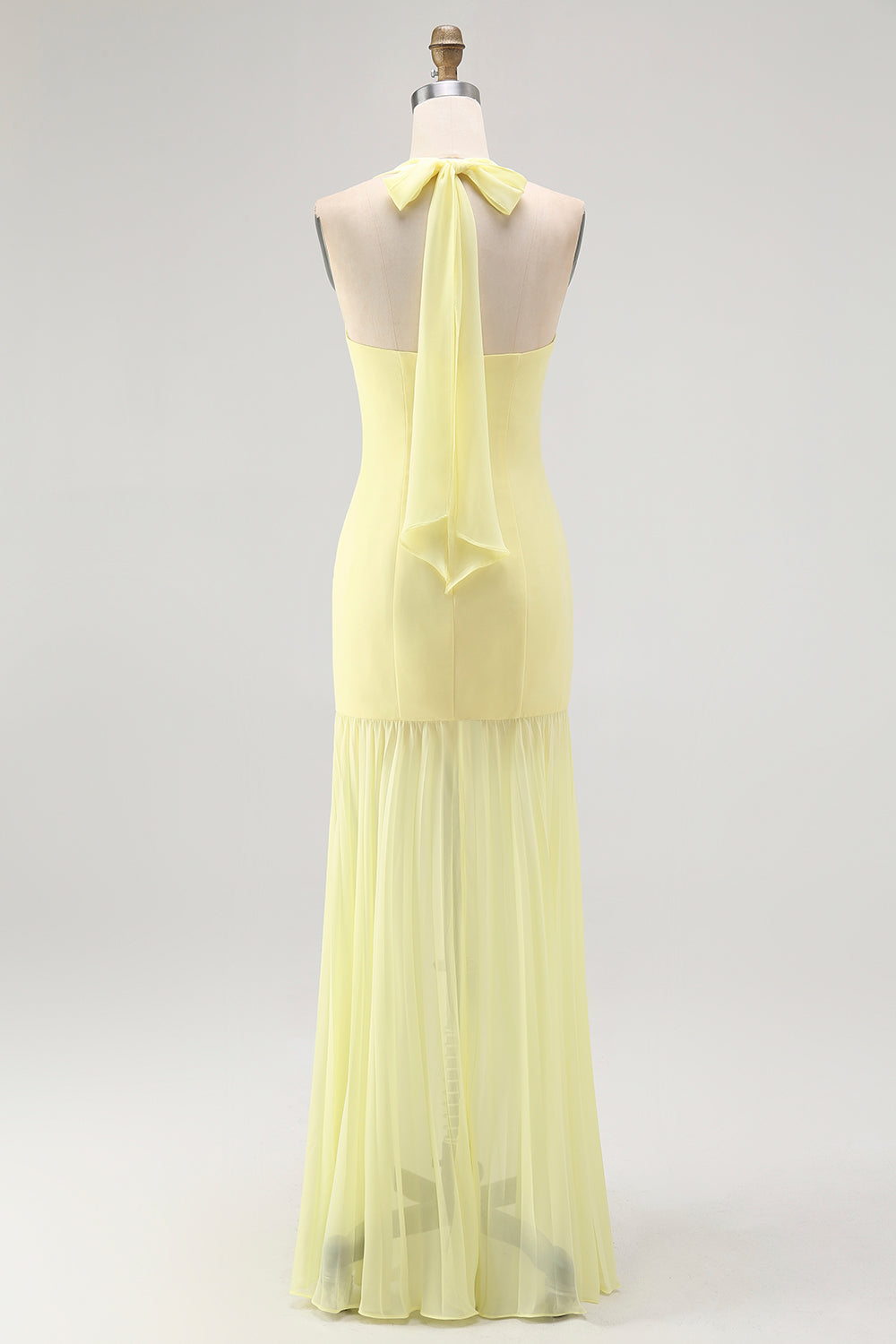 Yellow Halter Sheath Ruched Tie Back Long Bridesmaid Dress