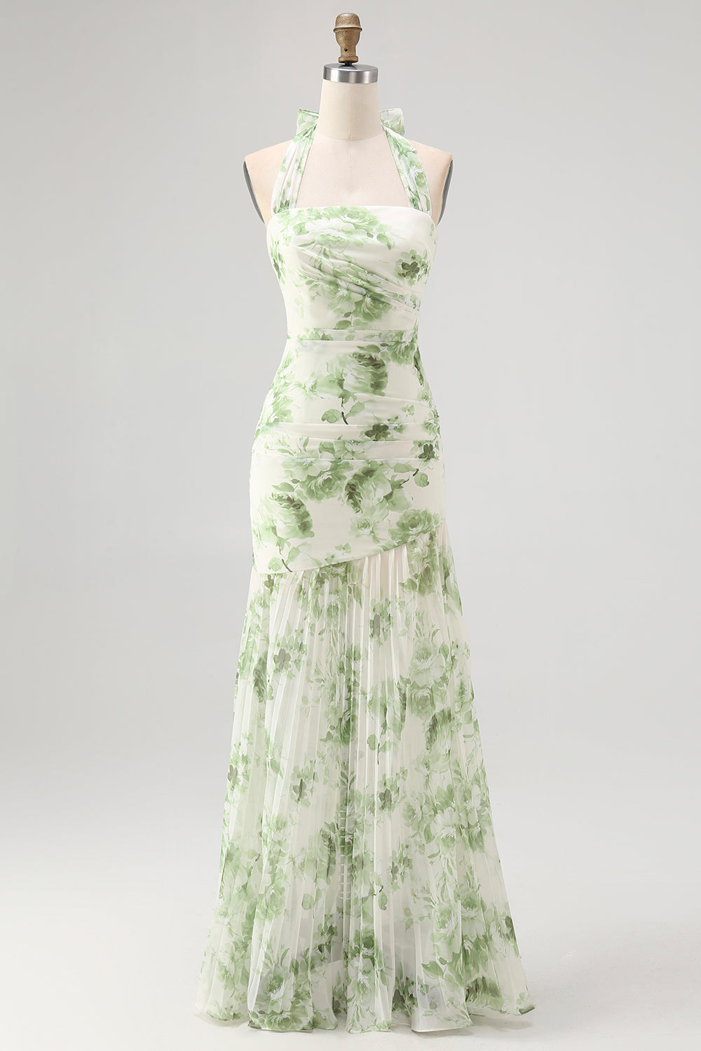 Green Flower A-Line Halter Pleated Long Bridesmaid Dress