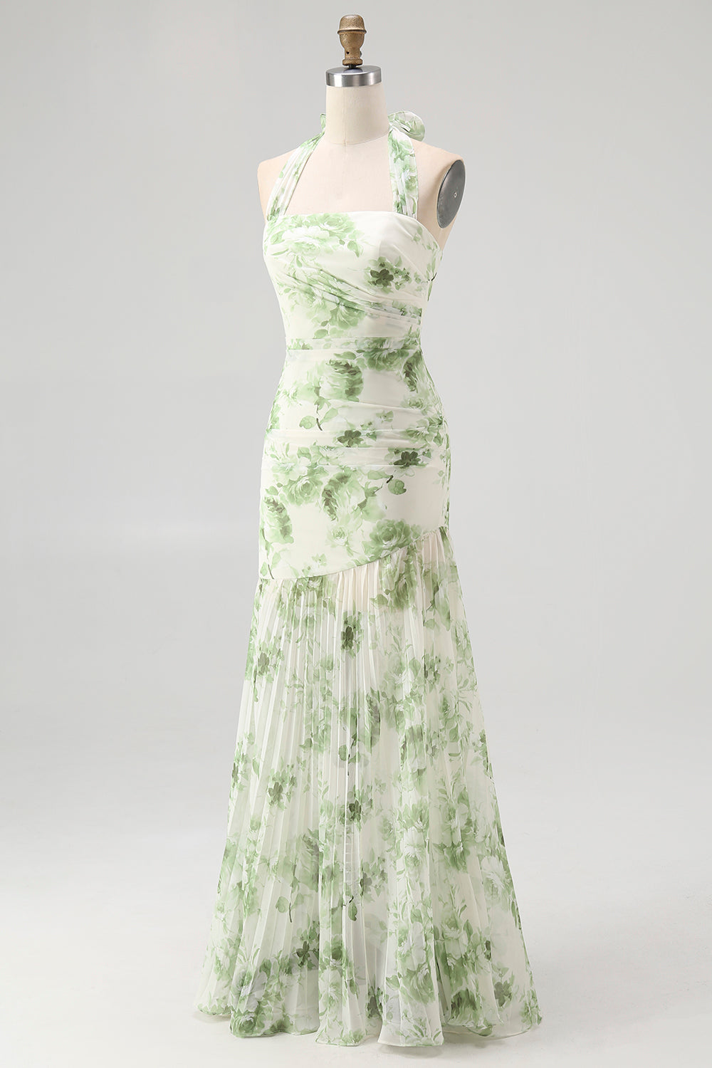 Green Flower A-Line Halter Pleated Long Bridesmaid Dress