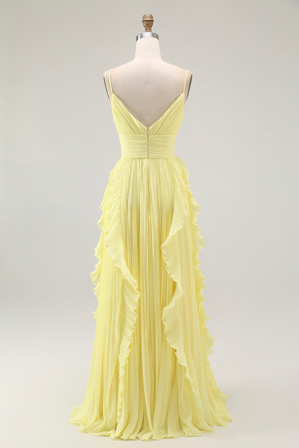 Yellow A Line Spaghetti Straps Chiffon Pleated Bridesmaid Dress with Ruffles