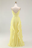 Yellow A Line Spaghetti Straps Chiffon Pleated Bridesmaid Dress with Ruffles