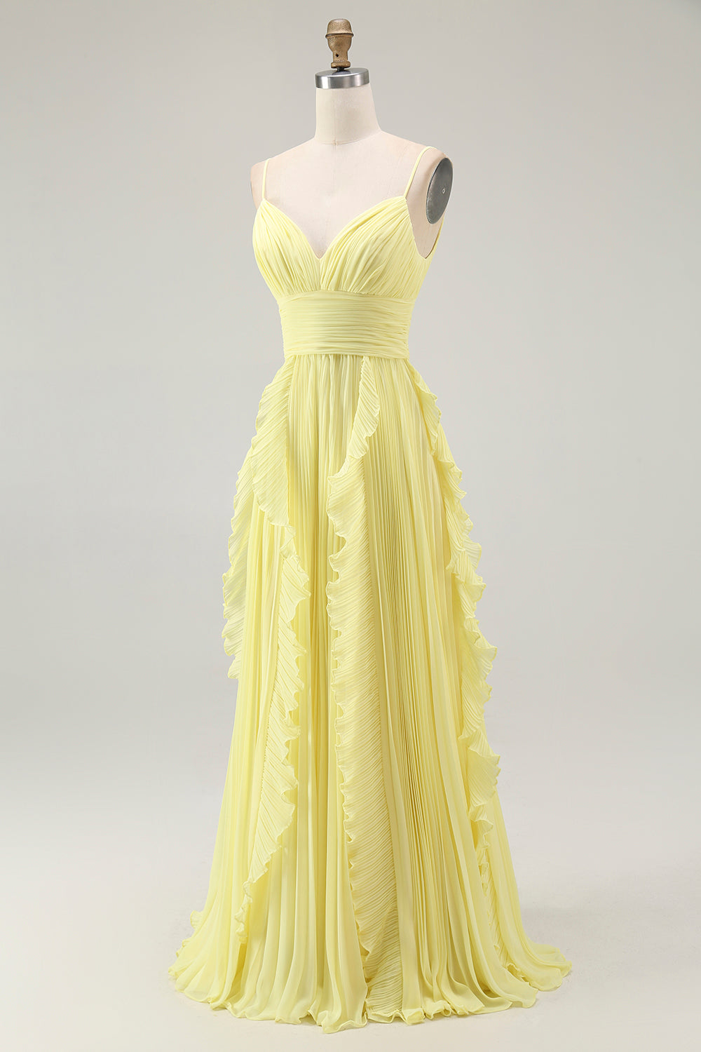 Yellow A Line Spaghetti Straps Chiffon Pleated Bridesmaid Dress with Ruffles