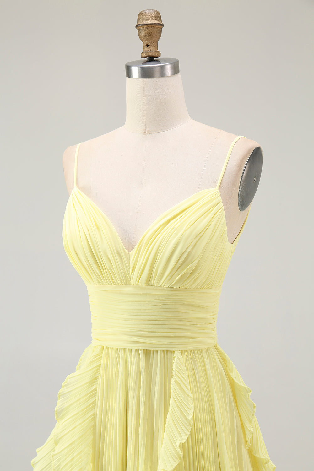 Yellow A Line Spaghetti Straps Chiffon Pleated Bridesmaid Dress with Ruffles