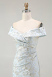 Off The Shoulder Blue Floral Jacquard Mermaid Ruched Prom Dress
