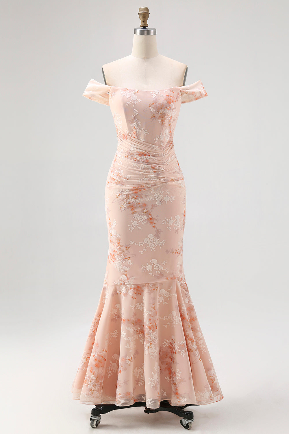 Off the Shoulder Mermaid Champagne Printed Ruched Wedding Guest Dress