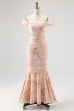 Off the Shoulder Mermaid Champagne Printed Ruched Wedding Guest Dress