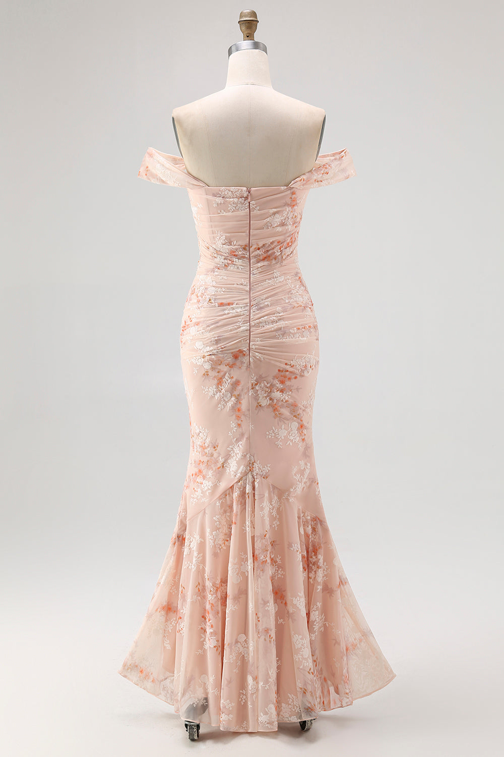 Off the Shoulder Mermaid Champagne Printed Ruched Wedding Guest Dress