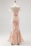 Off the Shoulder Mermaid Champagne Printed Ruched Wedding Guest Dress