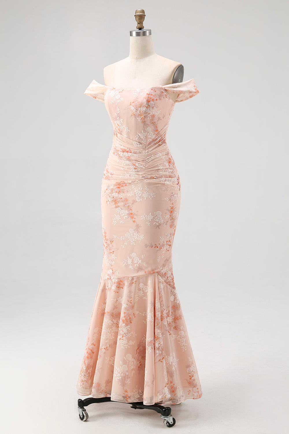 Off the Shoulder Mermaid Champagne Printed Ruched Wedding Guest Dress