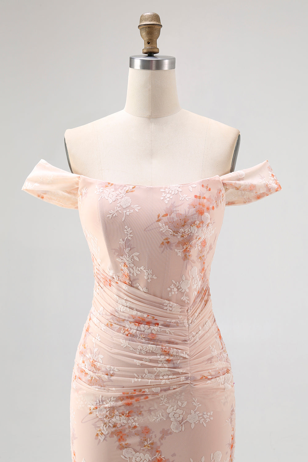 Off the Shoulder Mermaid Champagne Printed Ruched Wedding Guest Dress