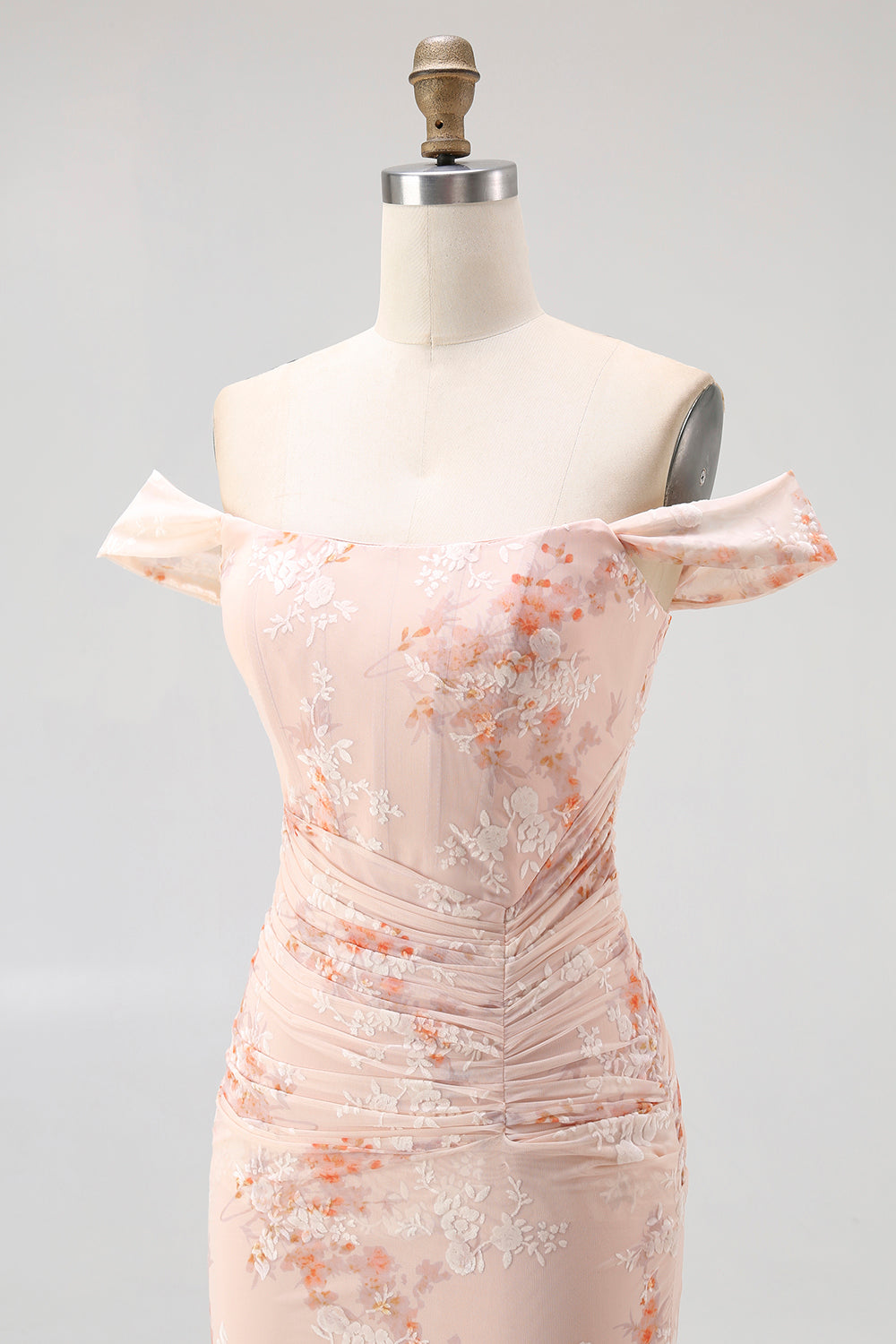 Off the Shoulder Mermaid Champagne Printed Ruched Wedding Guest Dress