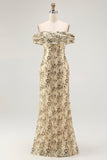 Champagne Flower Sheath Off The Shoulder Wedding Guest Dress