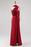 Burgundy One Shoulder Sheath Long Bridesmaid Dress with Streamer