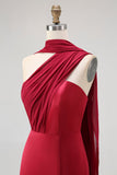 Burgundy One Shoulder Sheath Long Bridesmaid Dress with Streamer