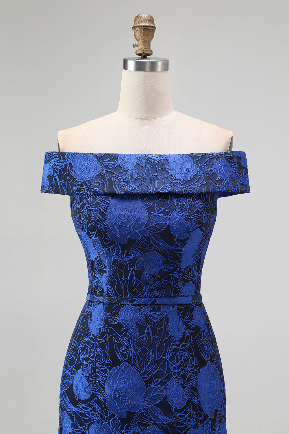 Off the Shoulder Dark Blue Sheath Floral Bridesmaid Dress with Slit