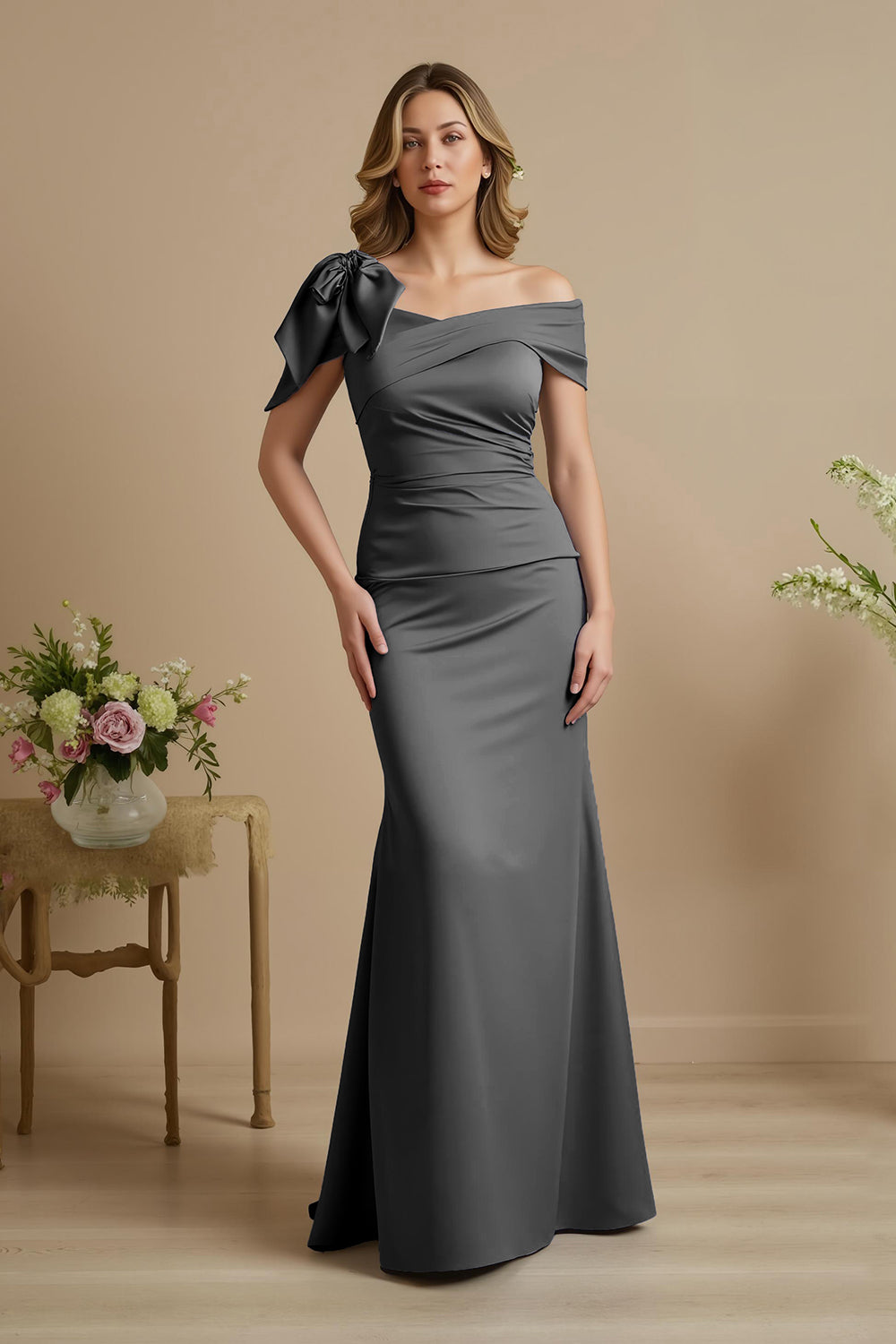 Dusty Blue Mermaid Satin Off The Shoulder Mother of the Bride Dress with Bow
