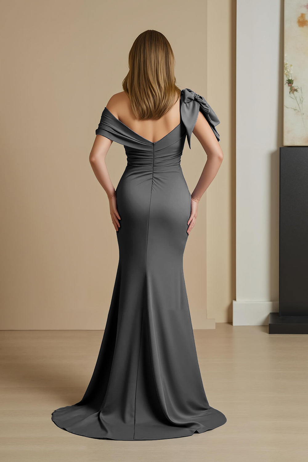 Dusty Blue Mermaid Satin Off The Shoulder Mother of the Bride Dress with Bow