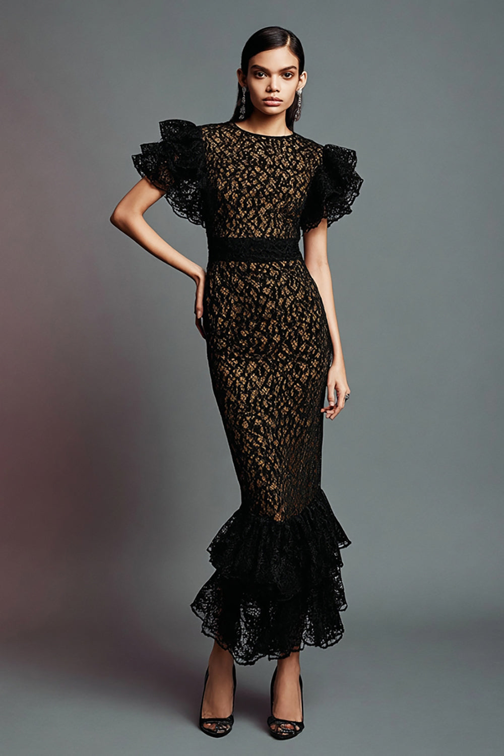 Black Lace Mermaid Long Formal Dress with Ruffles