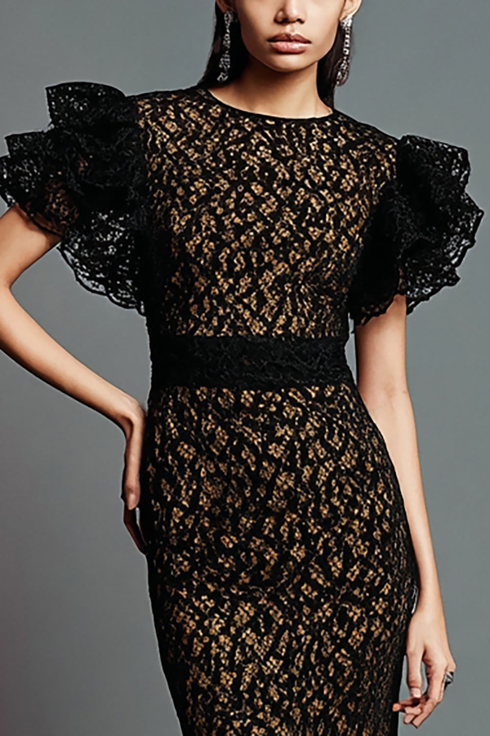 Black Lace Mermaid Long Formal Dress with Ruffles