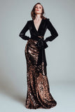 Sparkly Black and Coffee Sequins Sheath Long Formal Dress with Belt