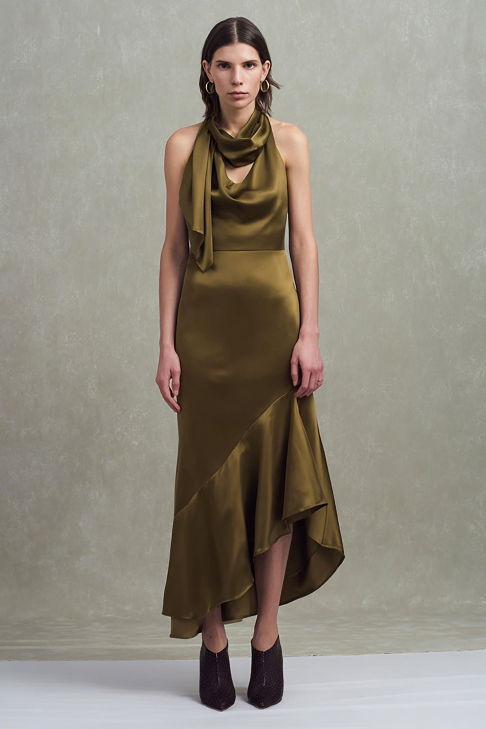 Olive Satin Sheath Long Formal Dress with Ruffles