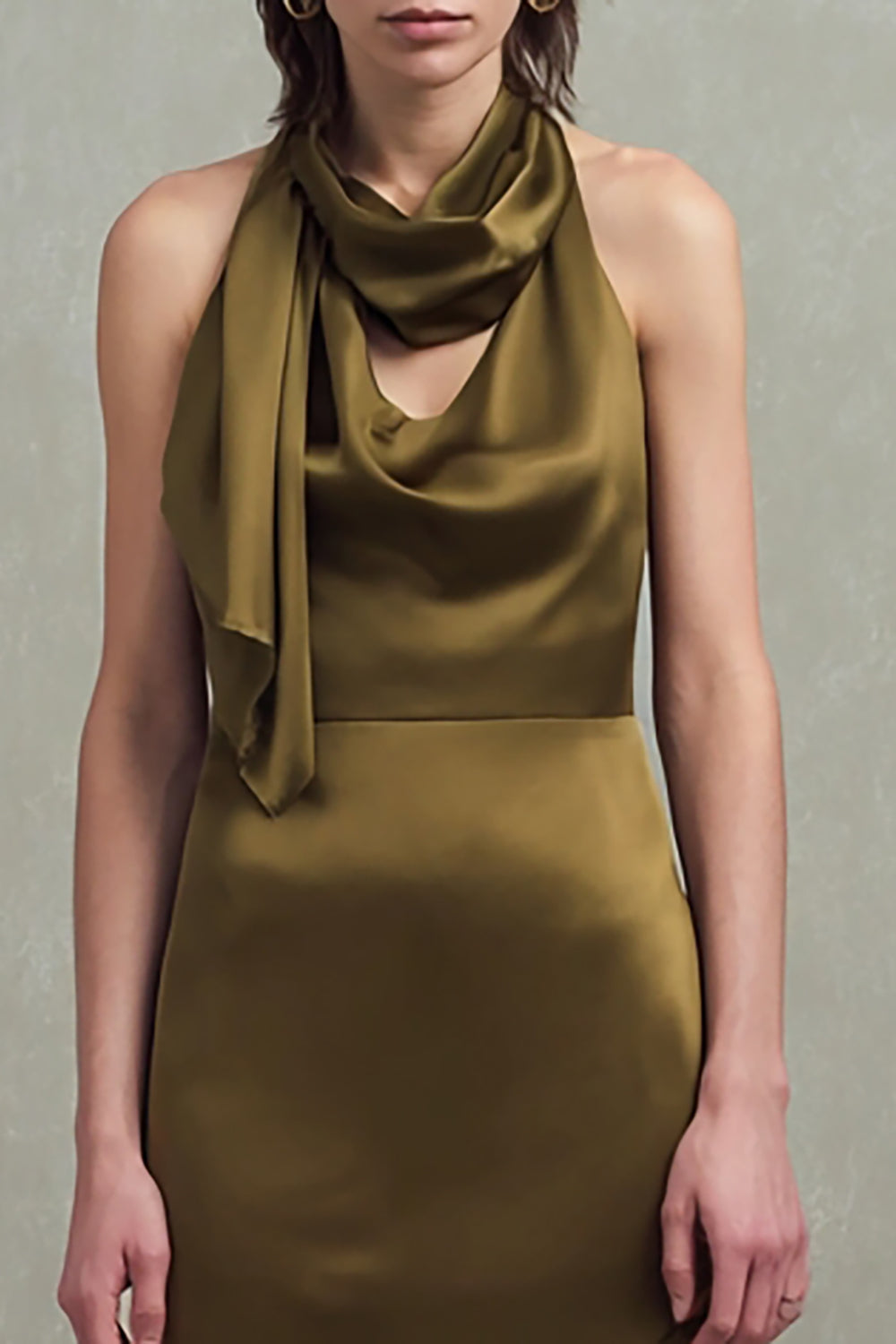 Olive Satin Sheath Long Formal Dress with Ruffles