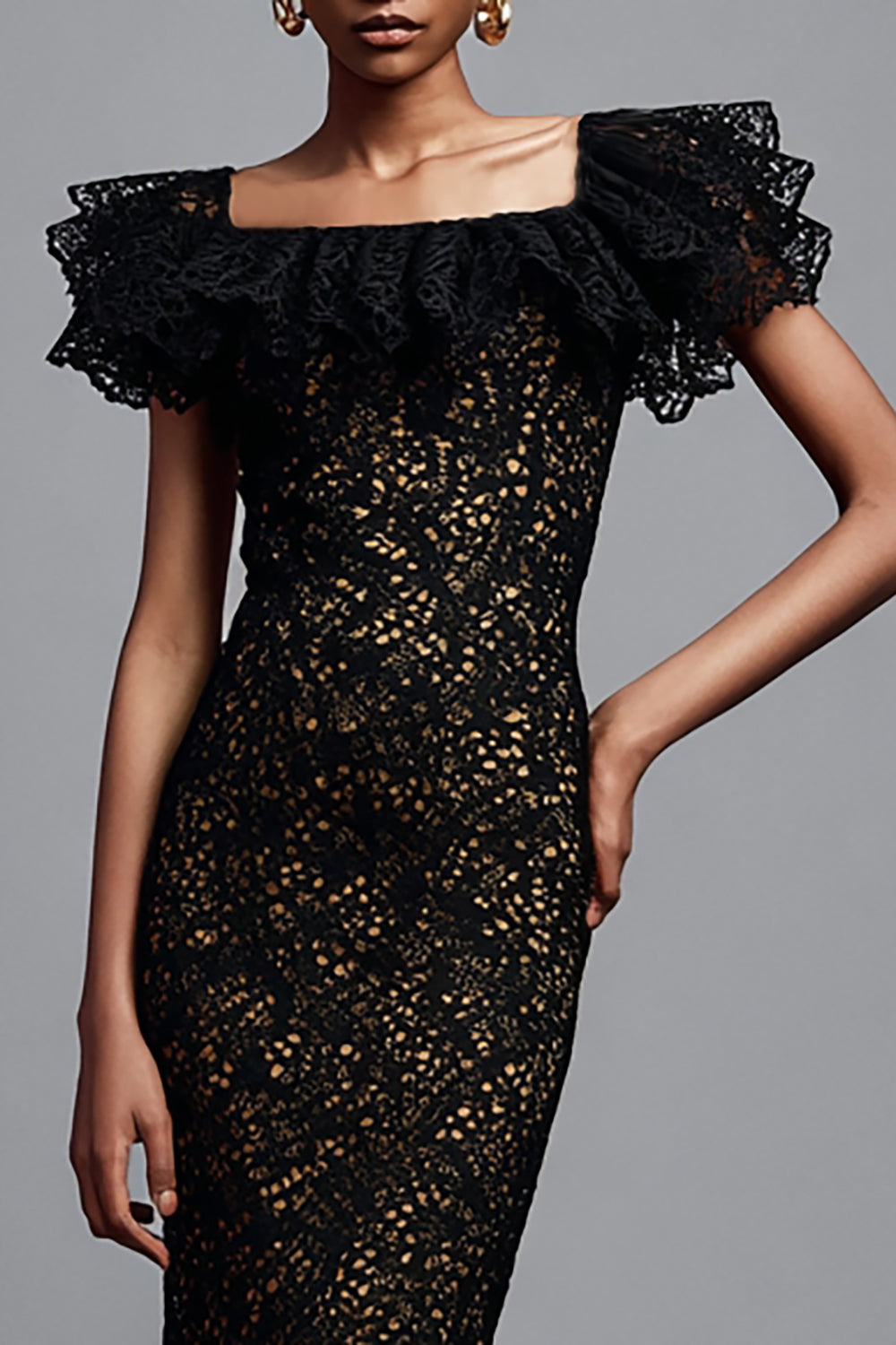 Black Lace Sheath Ruffled Long Formal Dress with Sleeves