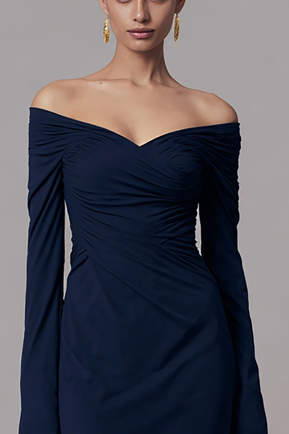 Navy Sheath Satin Off the Shoulder Long Formal Dress with Sleeves